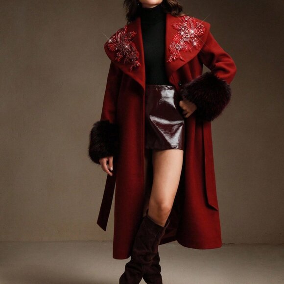 Burgundy Elegant Women's Embroidered Long Coat - Picture 5 of 8